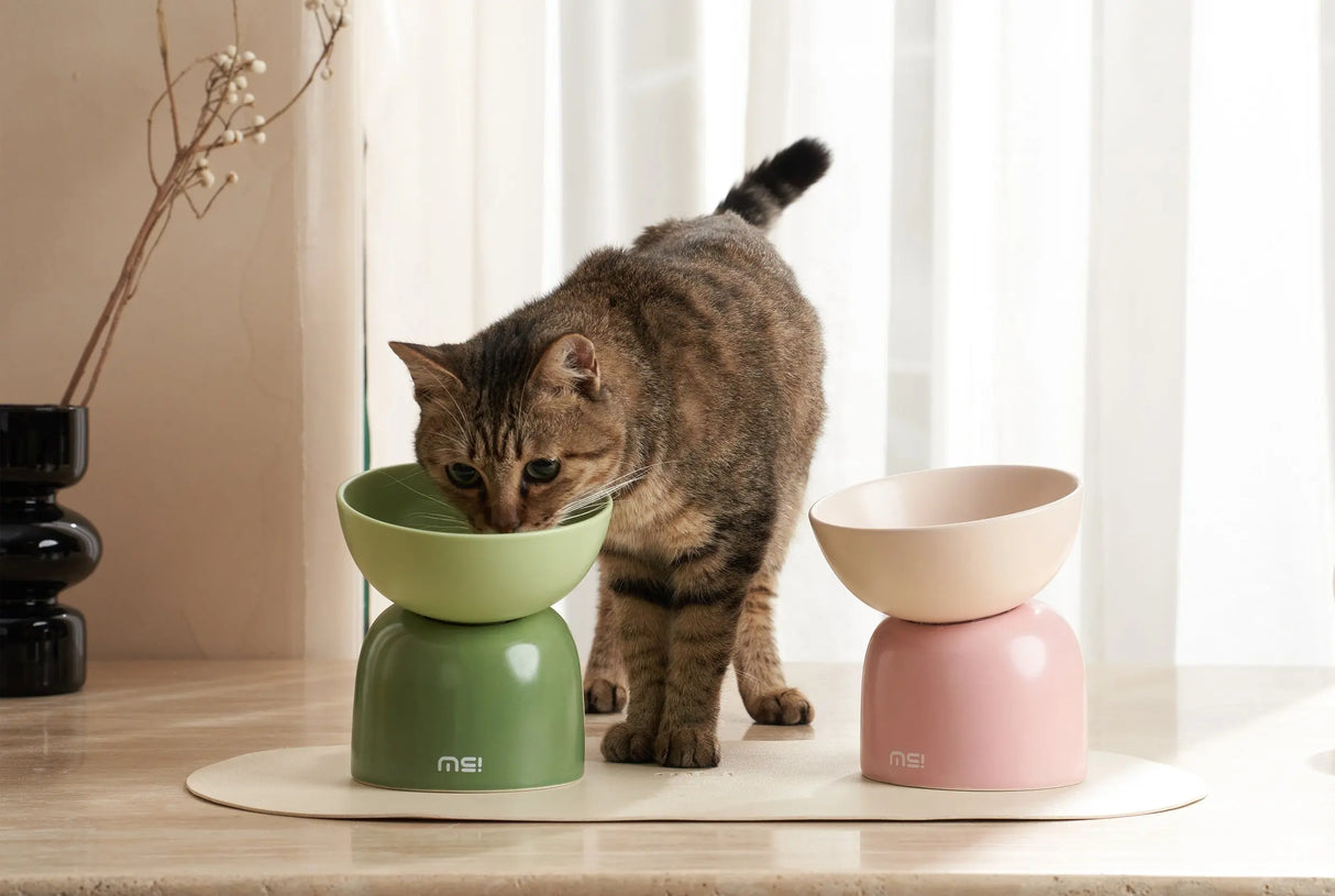 Kattenvoerbak - keramiek - verhoogde ontwerp - olijf groen - SpirePets