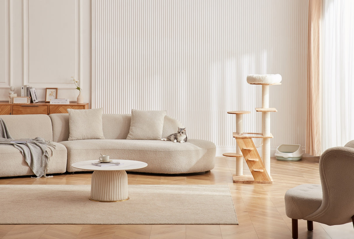 Moderne kattenboom van rubberhout - krabpaal met kattenmand en trap