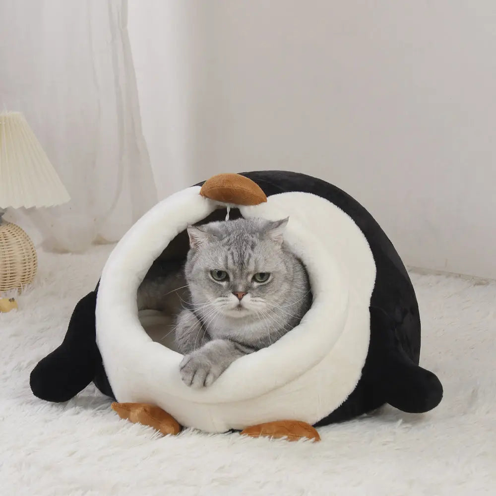 Kattenmand - kussen - schattige pinguïn - warm - half-ingesloten - zwart en wit - SpirePets