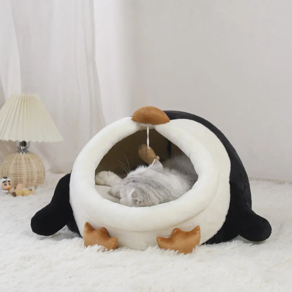 Kattenmand - kussen - schattige pinguïn - warm - half-ingesloten - zwart en wit - SpirePets