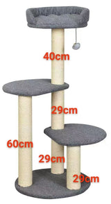 Cat scratching post - gray - 5 sisal scratching columns - 3 levels and plush bed