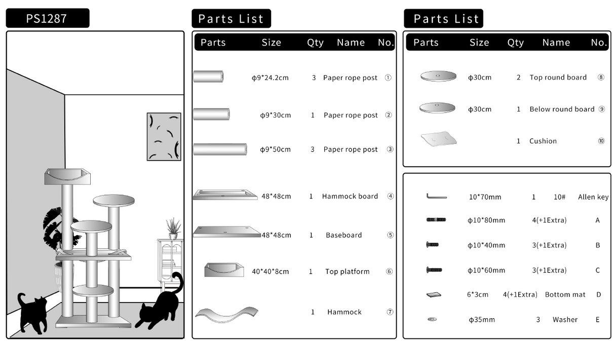 Kattenmeubel met 5 niveaus, 3 platformen, Krabpalen, hangmat en Kattenmand