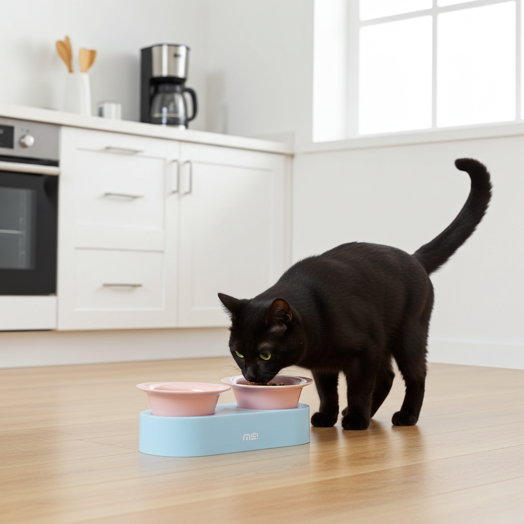 Keramische katten voer- en drinkbak - verhoogd ontwerp - lichtblauw en roze