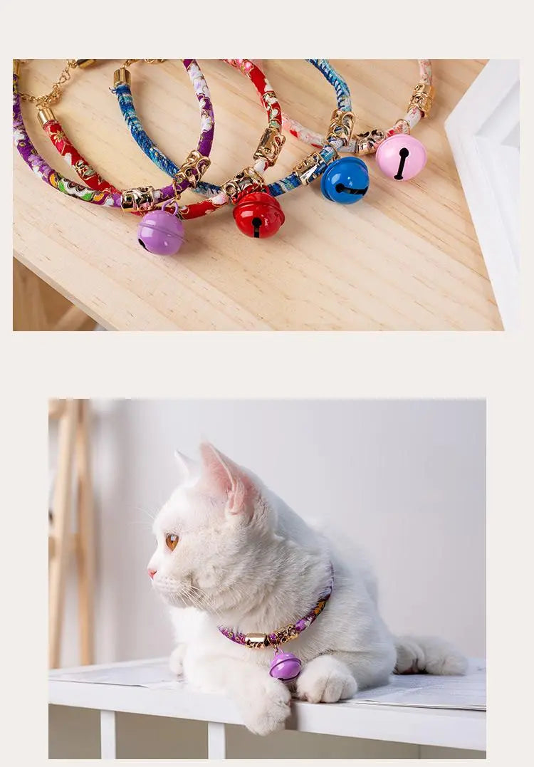 Halsband katten blauw met bel - japans - verstelbaar in lengte - 29 tot 36 cm - kattehalsband - halsbandje - SpirePets